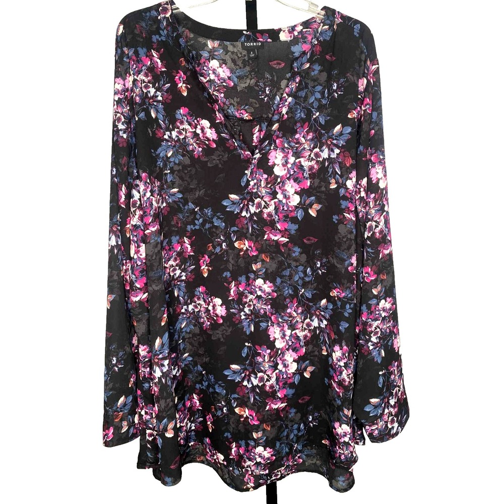 Torrid popover‎ Blouse long Sleeves Size 4 (4XL) Floral Print v neck dark floral